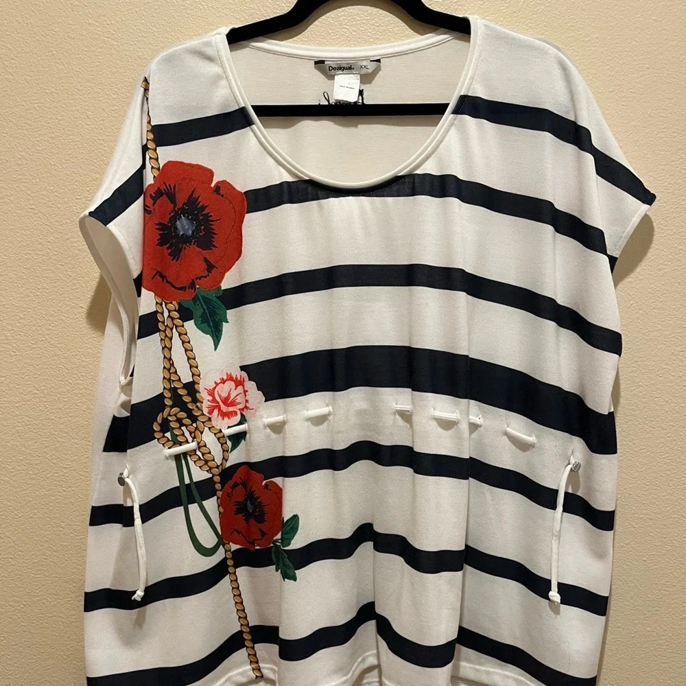 Desigual Tee - Navy & White with Red Poppy - Picture 4 of 8